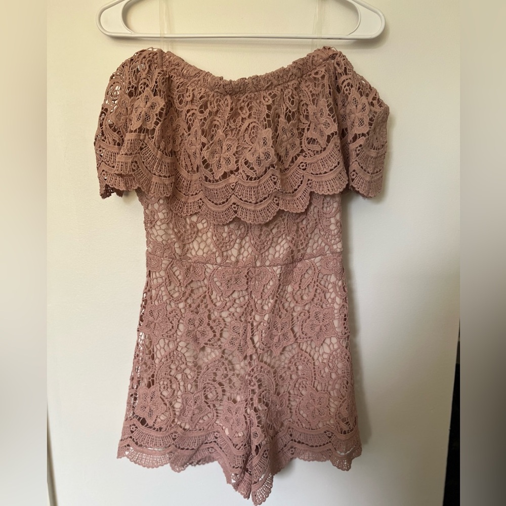 Fashion Nova Lace Off-Shoulder Romper in Mauve